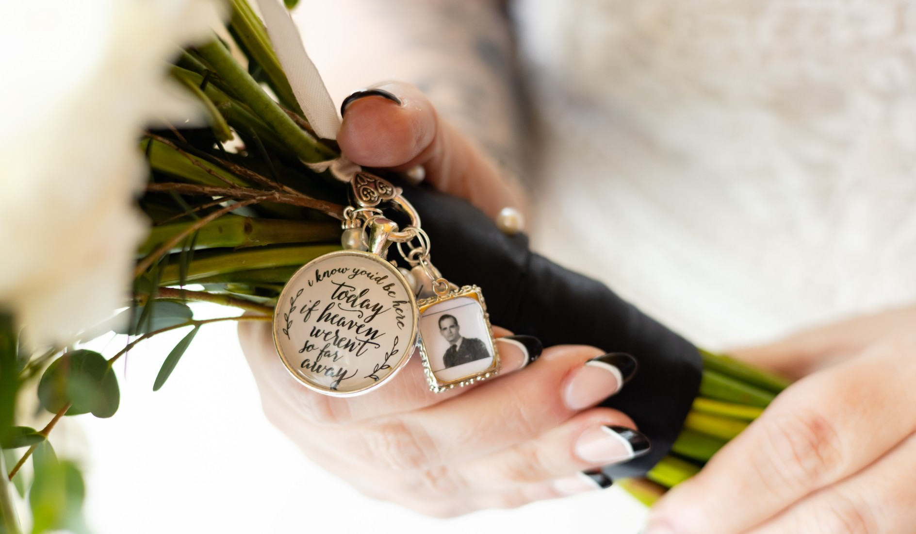 Wedding bouquet charms with personal details