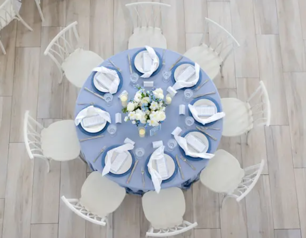 Blue and white wedding reception table design